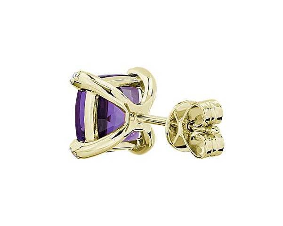 Earrings | Blue Nile Cushion Cut Amethyst And Diamond Accent Earrings In 14K Yellow Gold (7Mm)