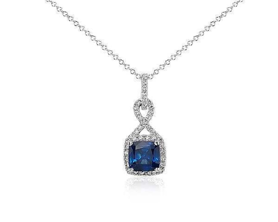 Necklaces | Blue Nile Cushion-Cut Sapphire And Diamond Halo Twist Pendant In 18K White Gold (7Mm)