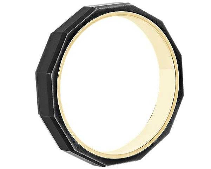 Men'S Rings | Blue Nile Faceted Profile Flat Edge Contemporary Ring In Tungsten And 14K Yellow Gold (4Mm)