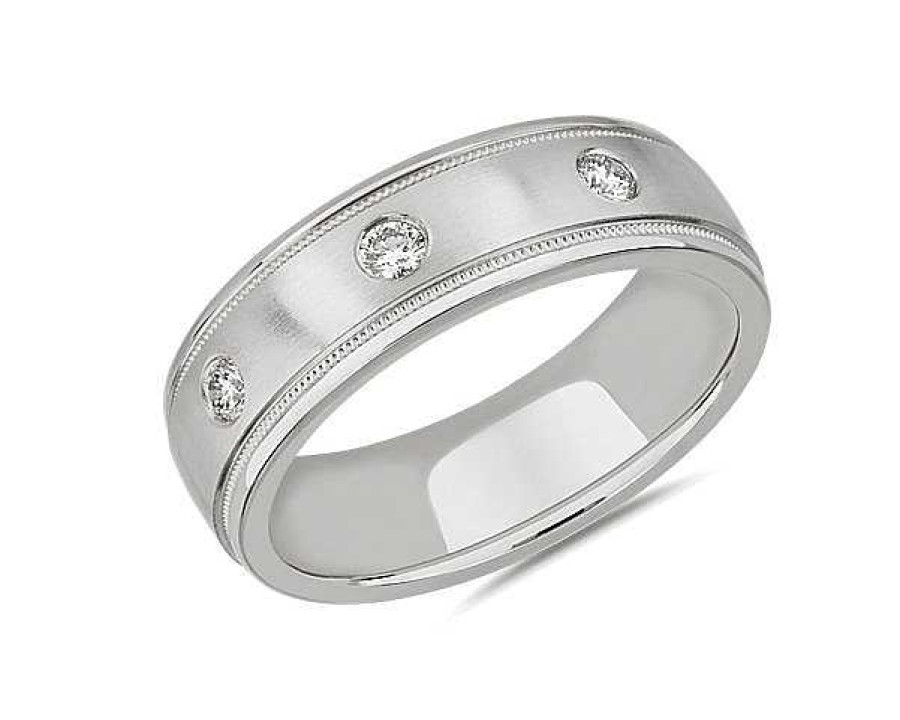 Men'S Rings | Blue Nile Milgrain Burnished Set Diamond Wedding Ring In 14K White Gold (5 Mm, 1/5 Ct. Tw.)