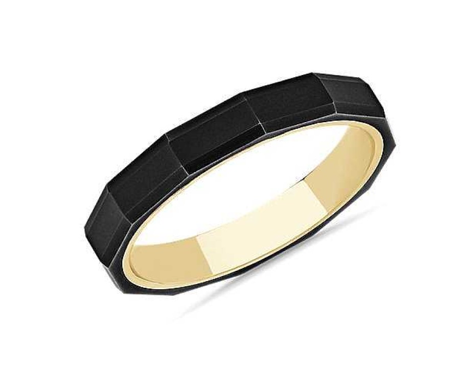 Men'S Rings | Blue Nile Faceted Profile Flat Edge Contemporary Ring In Tungsten And 14K Yellow Gold (4Mm)