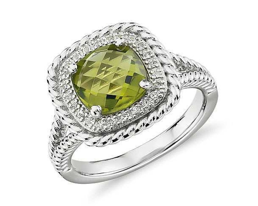 Rings | Blue Nile Corda Cushion-Cut Peridot Halo Ring In Sterling Silver (8Mm)