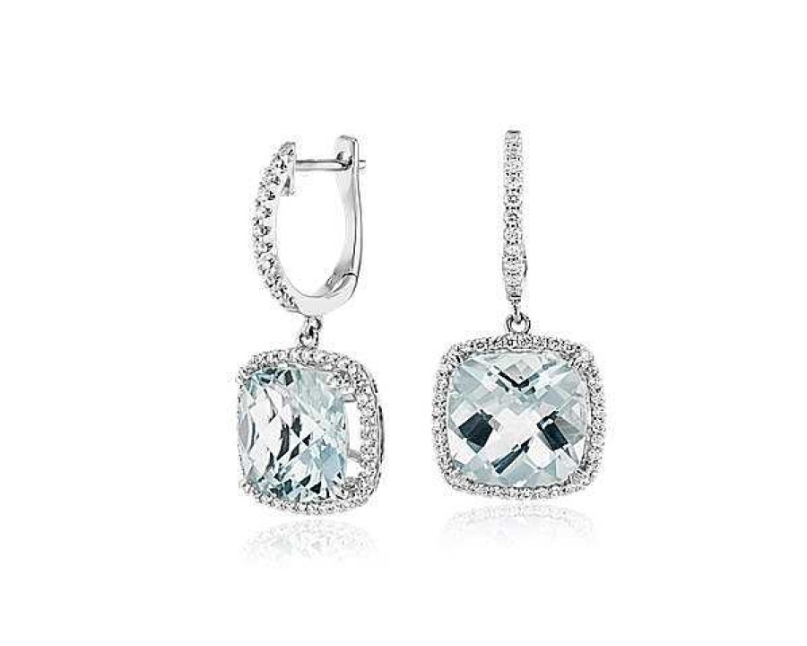 Earrings | Blue Nile Cushion Cut Aquamarine And Diamond Halo Drop Earrings In 14K White Gold (9Mm)