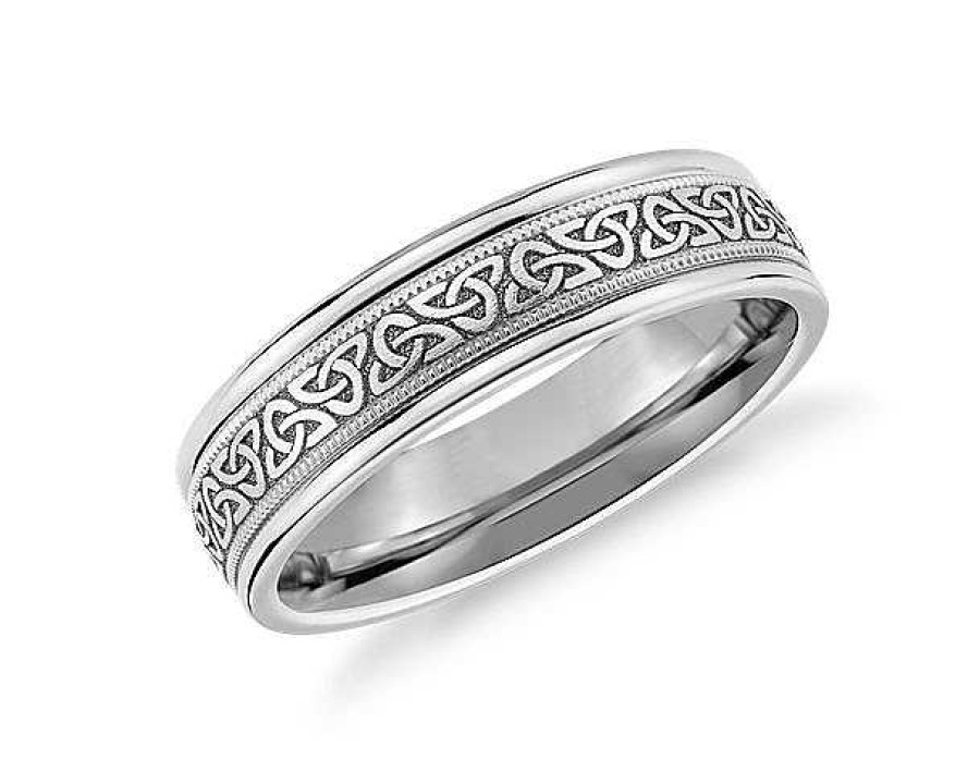 Men'S Rings | Blue Nile Celtic Trinity Knot Inlay Wedding Ring In 14K White Gold (6Mm)