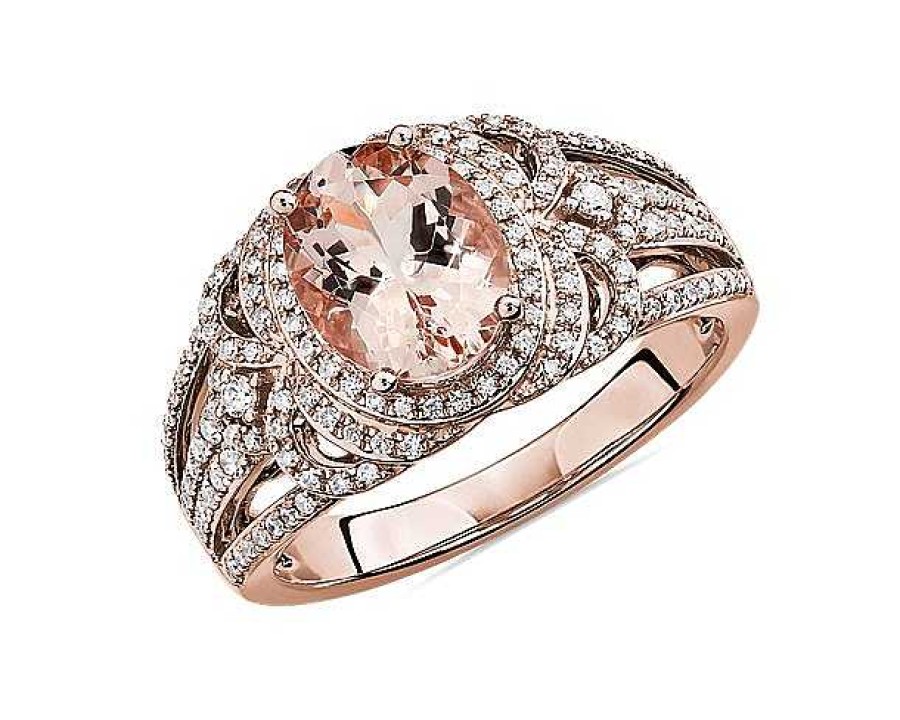 Rings | Blue Nile Oval Morganite Ring With Ornate Diamond Halo In 14K Rose Gold