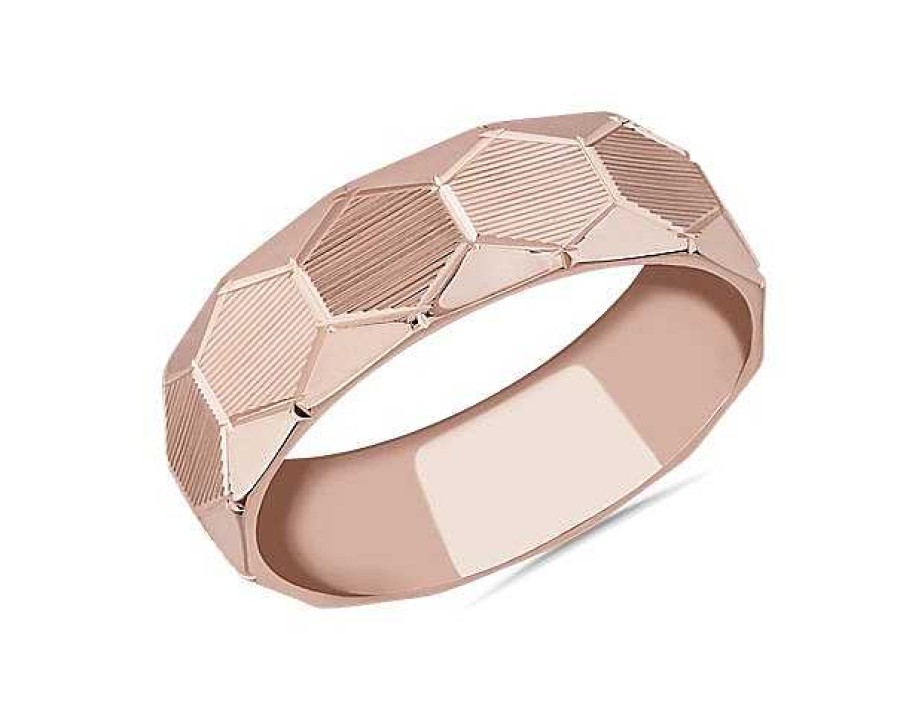 Men'S Rings | Blue Nile Raised Hexagon Lined Wedding Ring In 18K Rose Gold (7Mm)