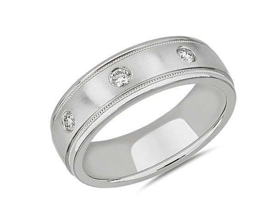 Men'S Rings | Blue Nile Milgrain Burnished Set Diamond Wedding Ring In 18K White Gold (5 Mm, 1/5 Ct. Tw.)