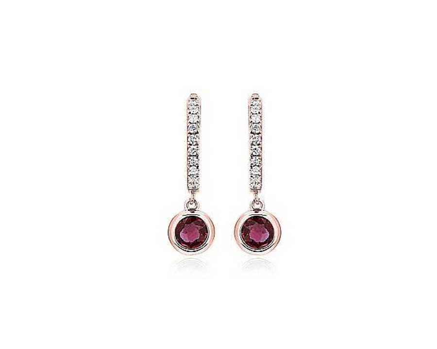 Earrings | Blue Nile Diamond Huggies With Bezel Set Ruby Drop Earrings In 14K Rose Gold