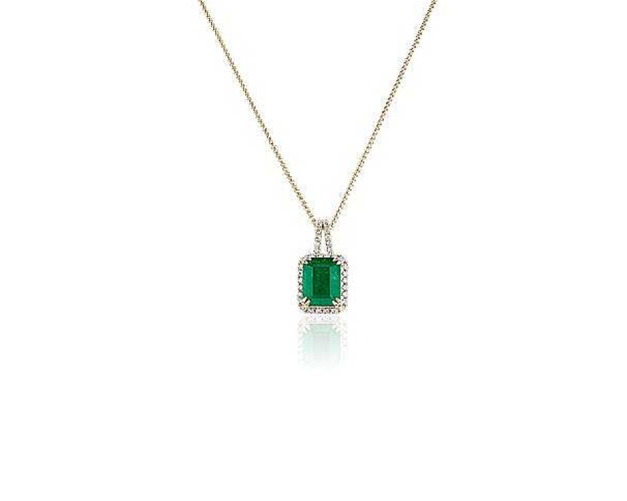 Necklaces | Blue Nile Emerald And Diamond Halo Drop Pendant In 14K Yellow Gold