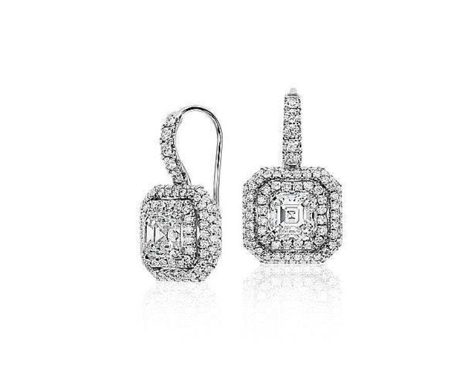 Earrings | Blue Nile Asscher-Cut Diamond Double Halo Drop Earrings In 18K White Gold (2 3/4 Ct. Tw.)