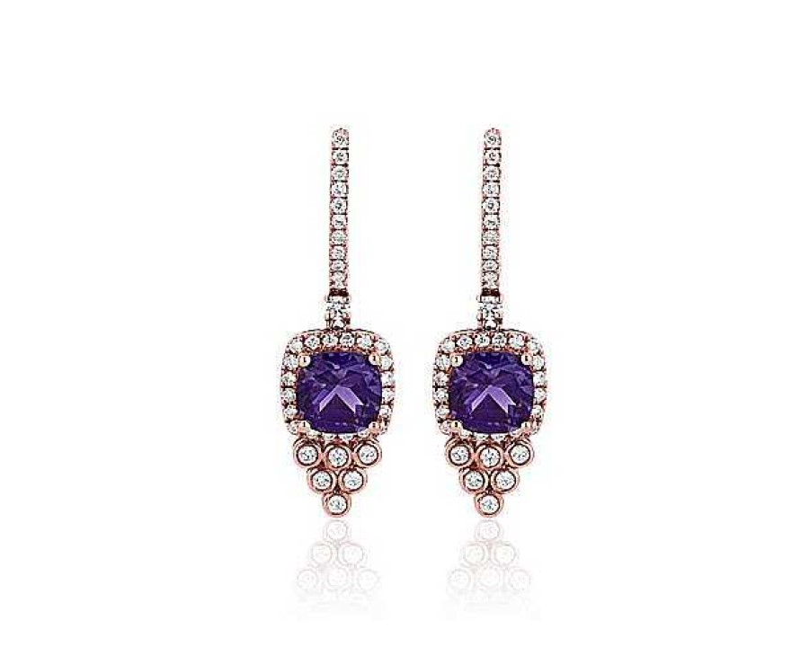 Earrings | Blue Nile Cushion Cut Amethyst And Diamond Drop Earrings In 14K Rose Gold