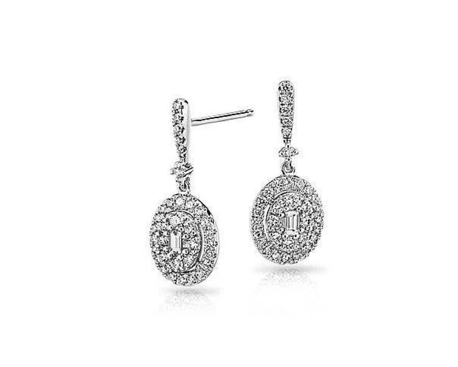 Earrings | Blue Nile Diamond Halo Baguette Drop Earrings In 14K White Gold (3/4 Ct. Tw.)