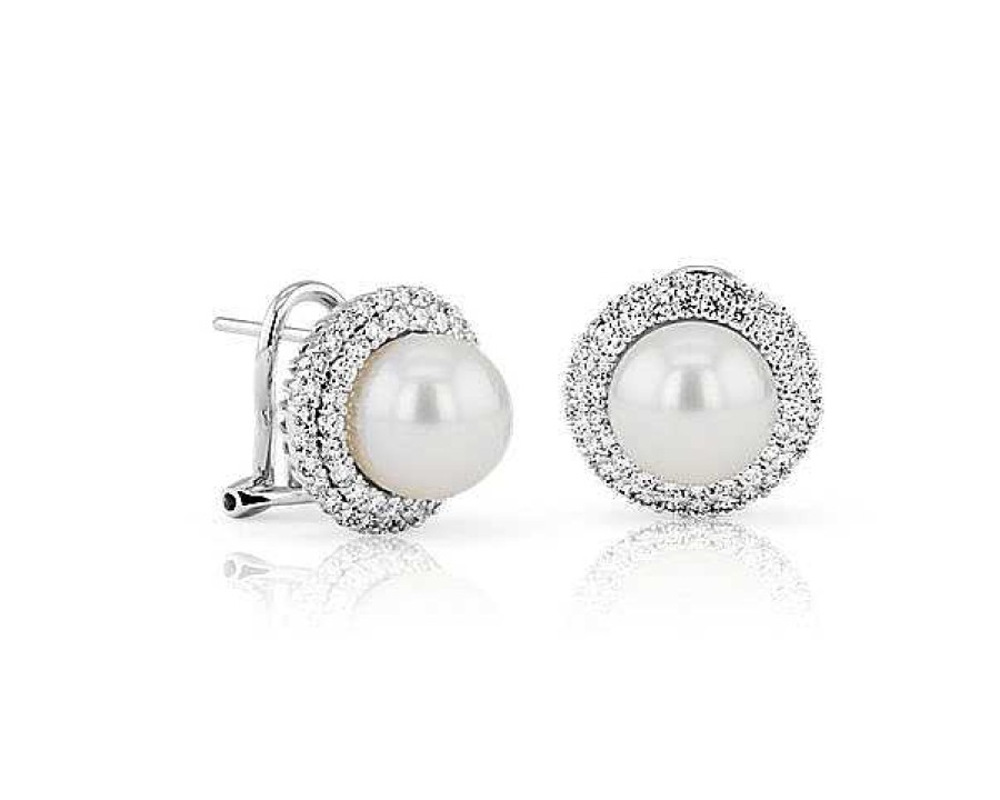 Earrings | Blue Nile Classic Akoya Cultured Pearl Double Halo Diamond Earrings In 18K White Gold (9Mm)