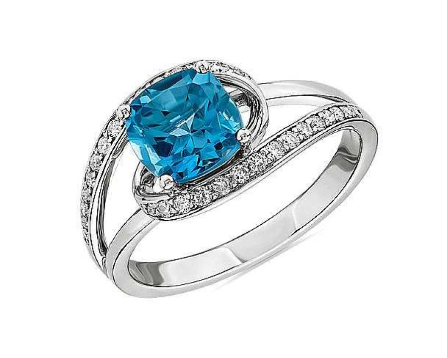 Rings | Blue Nile Cushion Cut Swiss Blue Topaz Ring With Twisting Halo In 14K White Gold