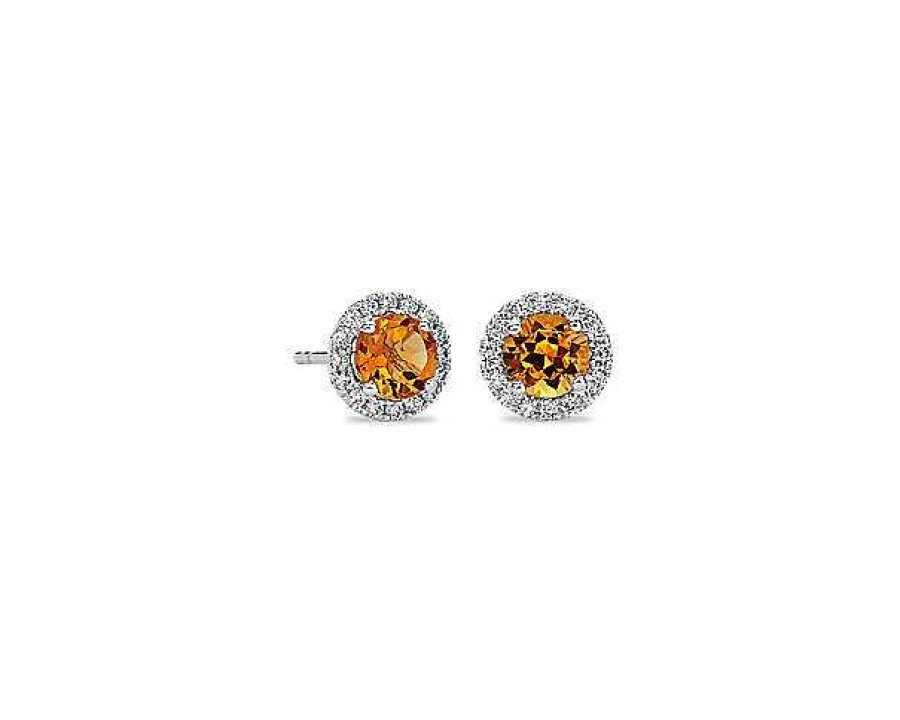 Earrings | Blue Nile Citrine And Micropav Diamond Halo Earrings In 14K White Gold (5Mm)