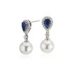 Earrings | Blue Nile Classic Akoya Cultured Pearl Drop Earrings With Sapphire And Diamond Detail In 14K White Gold