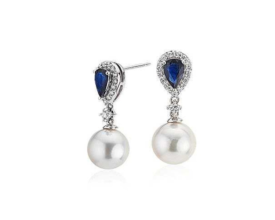 Earrings | Blue Nile Classic Akoya Cultured Pearl Drop Earrings With Sapphire And Diamond Detail In 14K White Gold