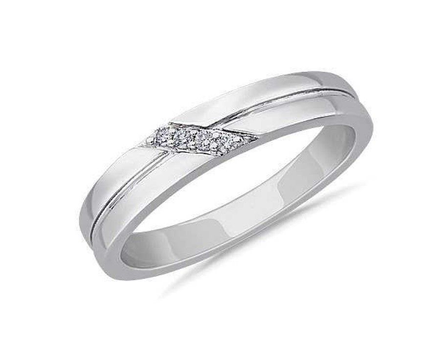 Men'S Rings | Blue Nile Diagonal Pav Diamond Grooved Wedding Ring In 14K White Gold (.06 Ct. Tw.)