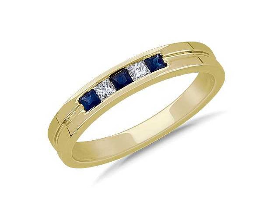 Men'S Rings | Blue Nile Men'S Princess-Cut Diamond And Sapphire Wedding Ring In 14K Yellow Gold (1/8 Ct. Tw.)