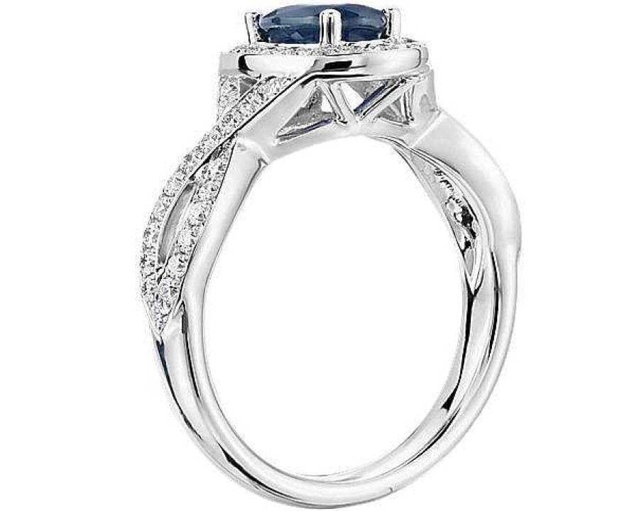 Rings | Blue Nile Sapphire And Diamond Halo Twist Ring In 14K White Gold (7X5Mm)