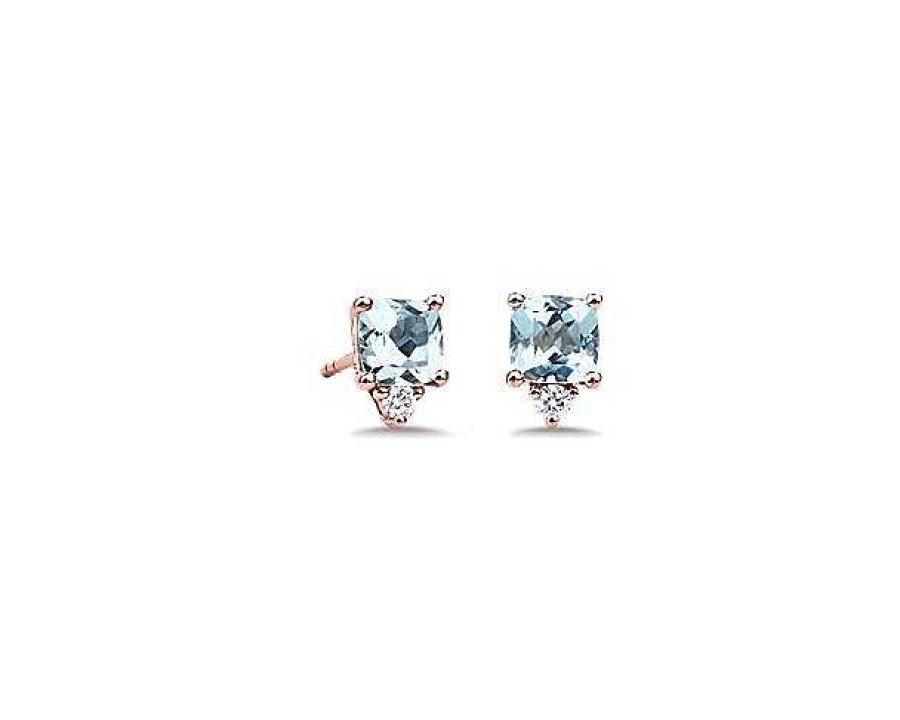 Earrings | Blue Nile Cushion Cut Aquamarine Stud Earring With Diamond Detail In 14K Rose Gold