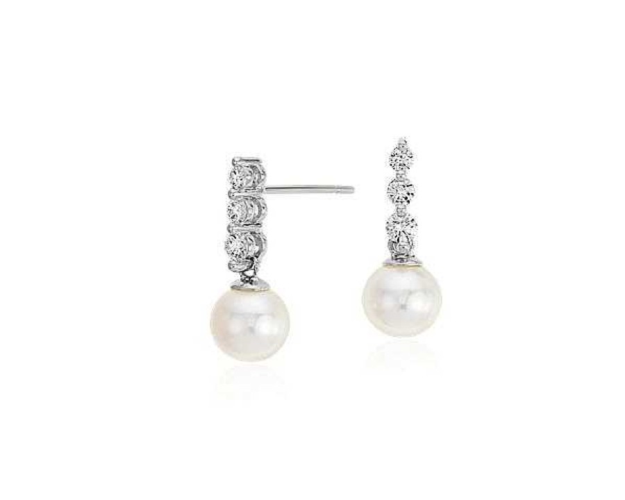 Earrings | Blue Nile Akoya Cultured Pearl And Diamond Drop Earrings In 18K White Gold (6.5Mm)