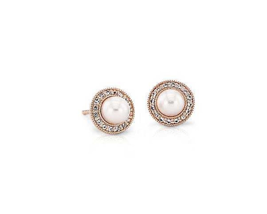 Earrings | Blue Nile Vintage-Inspired Freshwater Cultured Pearl And White Topaz Halo Earrings In 14K Rose Gold (5Mm)