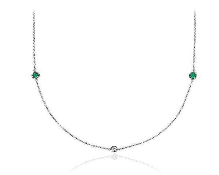 Necklaces | Blue Nile Petite Stationed Emerald And Diamond Necklace In 14K White Gold (36")