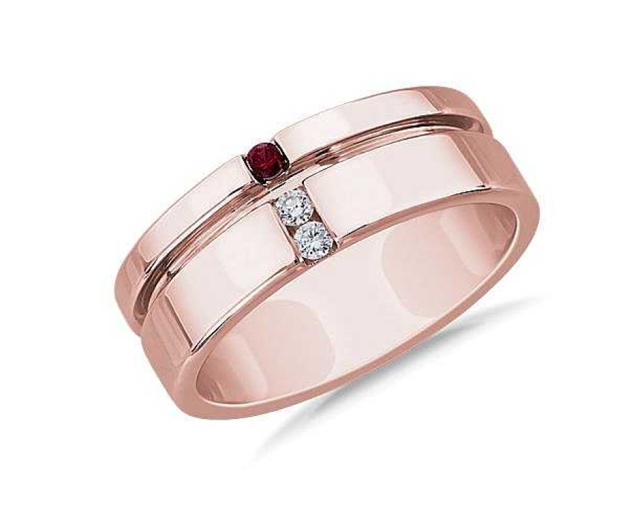 Men'S Rings | Blue Nile Men'S Diamond And Ruby Grooved Wedding Band In 14K Rose Gold (7.5 Mm)