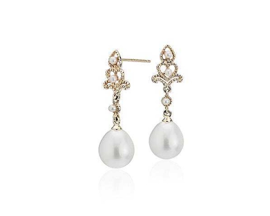 Earrings | Blue Nile Freshwater Cultured Pearl Vintage-Inspired Drop Earrings In 14K Yellow Gold (7-7.5Mm)