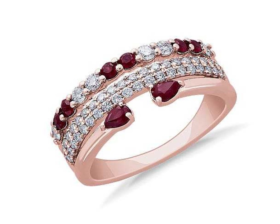 Rings | Blue Nile 3-Row Stacked Ruby Open Pear And Pav Diamond Ring In 14K Rose Gold (3/8 Ct. Tw.)