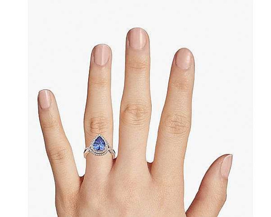 Rings | Blue Nile Pear Cut Tanzanite Ring With Double Diamond Halo In 14K Rose Gold