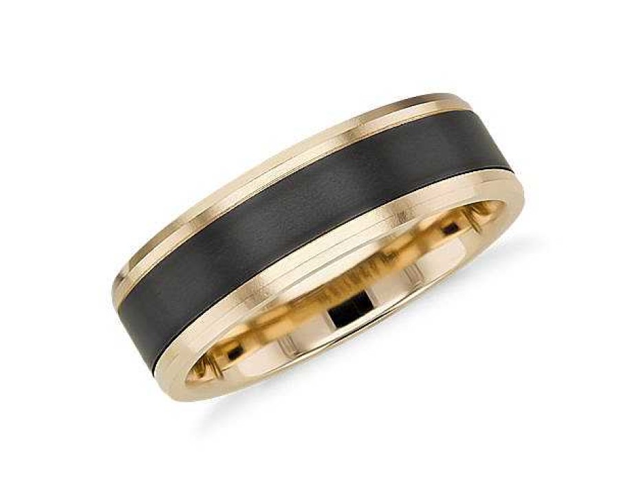 Men'S Rings | Blue Nile Satin Finish Wedding Ring In Black Titanium And 14K Yellow Gold (7Mm)