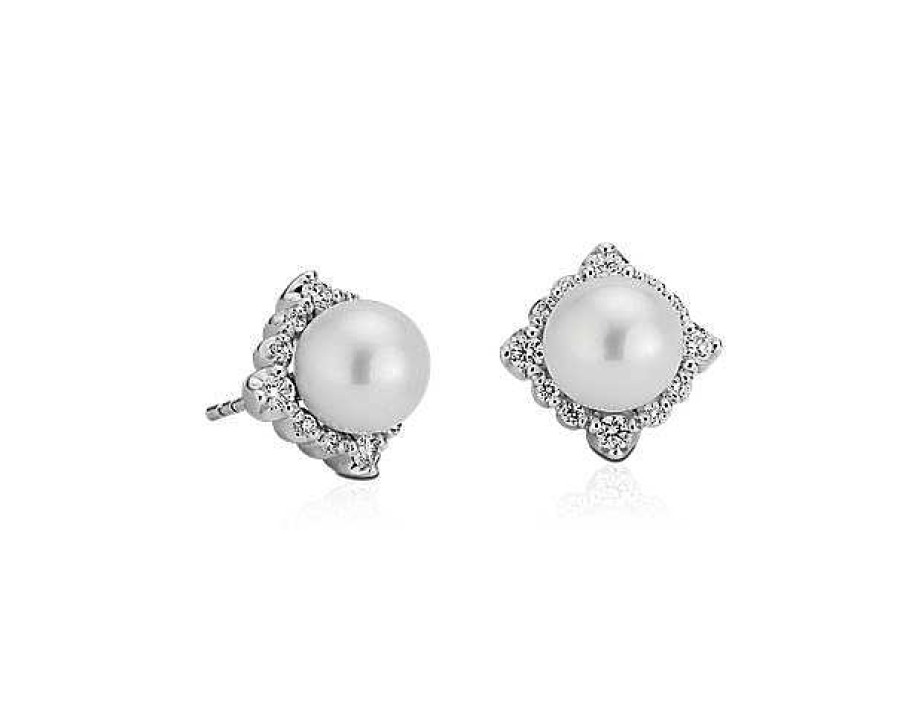 Earrings | Blue Nile Vintage-Inspired Freshwater Cultured Pearl Diamond Halo Earrings In 14K White Gold (7-7.5Mm)