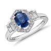 Rings | Blue Nile Oval Sapphire Ring With Diamond Hexagon Halo And Baguette Sidestones In 14K White Gold (7X5Mm)