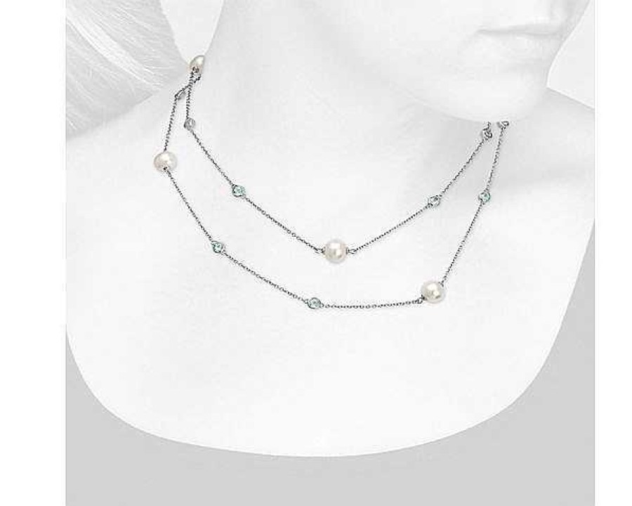 Necklaces | Blue Nile Freshwater Cultured Pearl Necklace With Blue Topaz In Sterling Silver - 37" (8.5Mm)