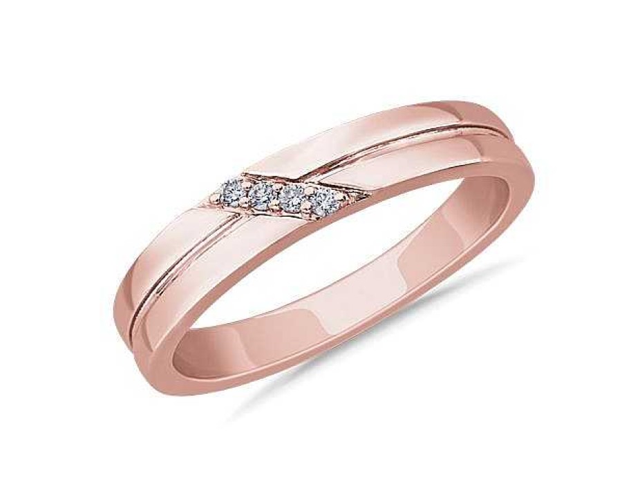 Men'S Rings | Blue Nile Diagonal Pav Diamond Grooved Wedding Ring In 14K Rose Gold (.06 Ct. Tw.)